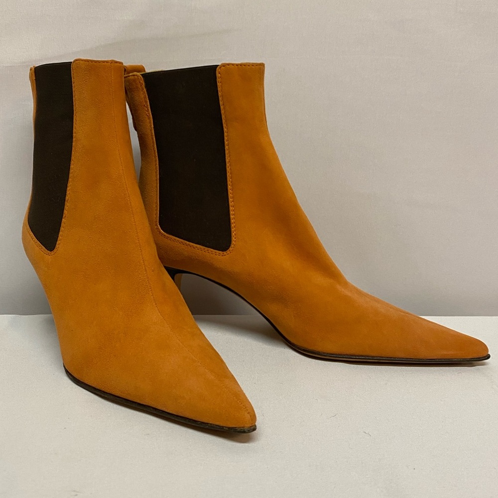 LAMBERTSON TRUEX Orange Suede Pointy Toe Kitten Heels Ankle Boots 36.5 Euro 6 US